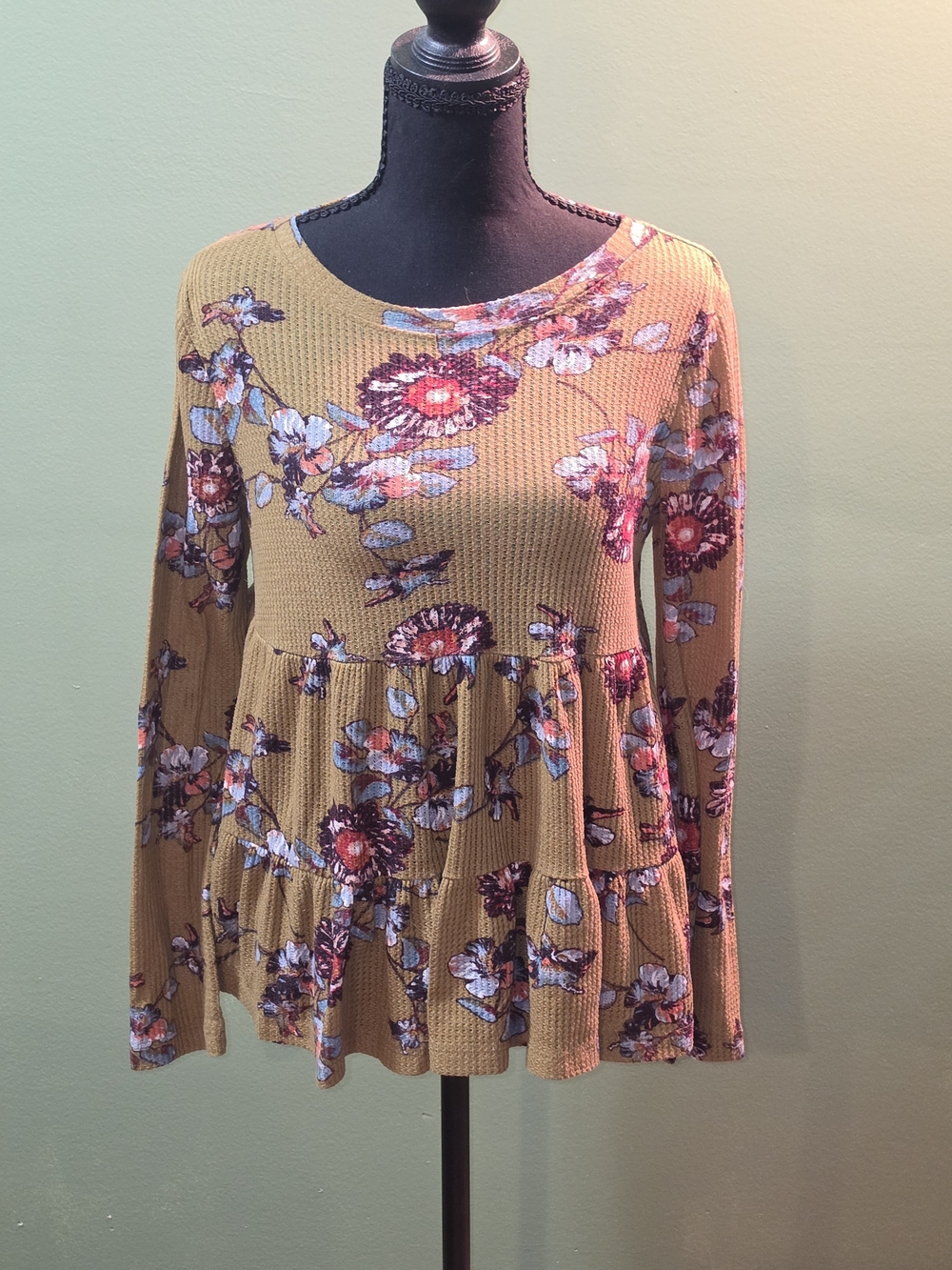 Altar’d State Tiered Peplum Boho Floral Waffle Knit Long Sleeve S